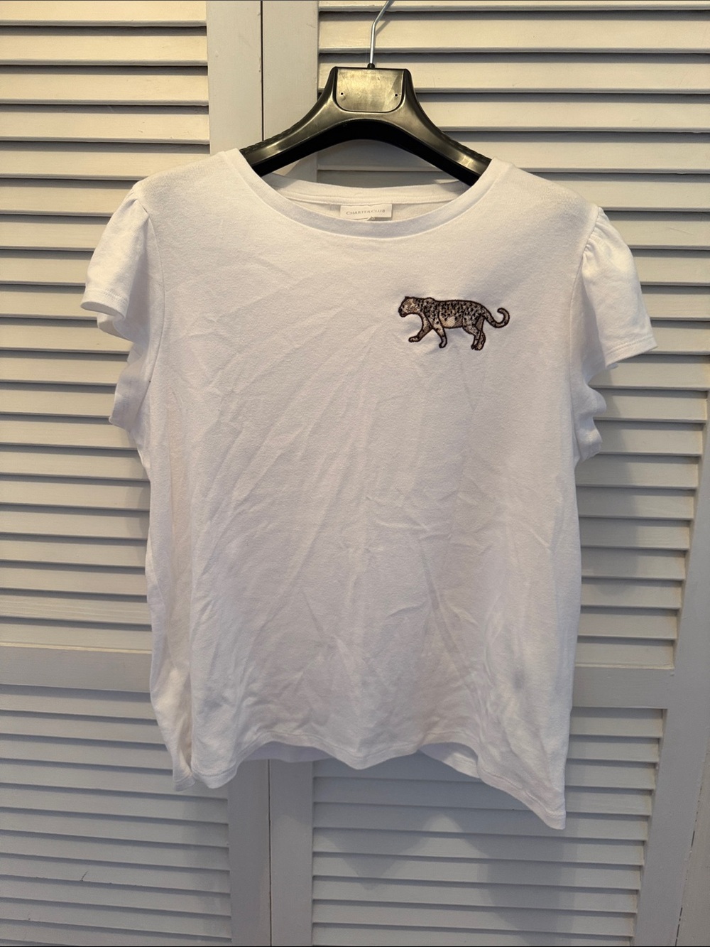 New White Tee with Embroidered Leopard Accent L